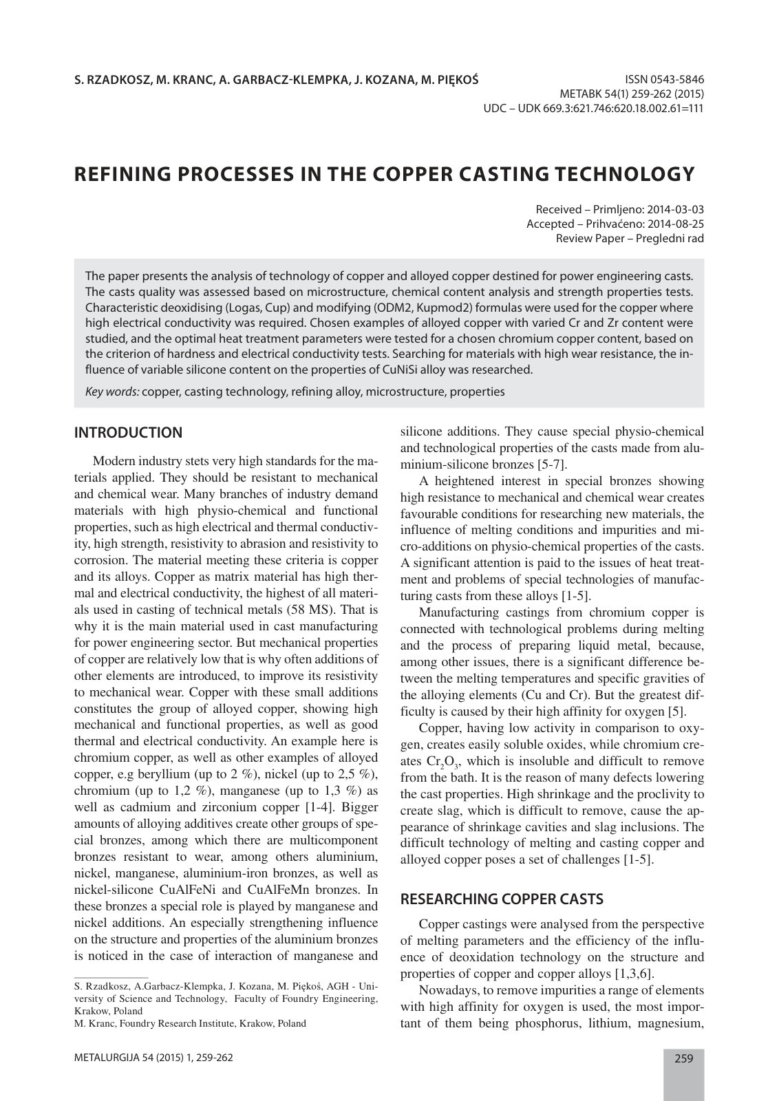First page of REFINING PROCESSES IN THE COPPER CASTING