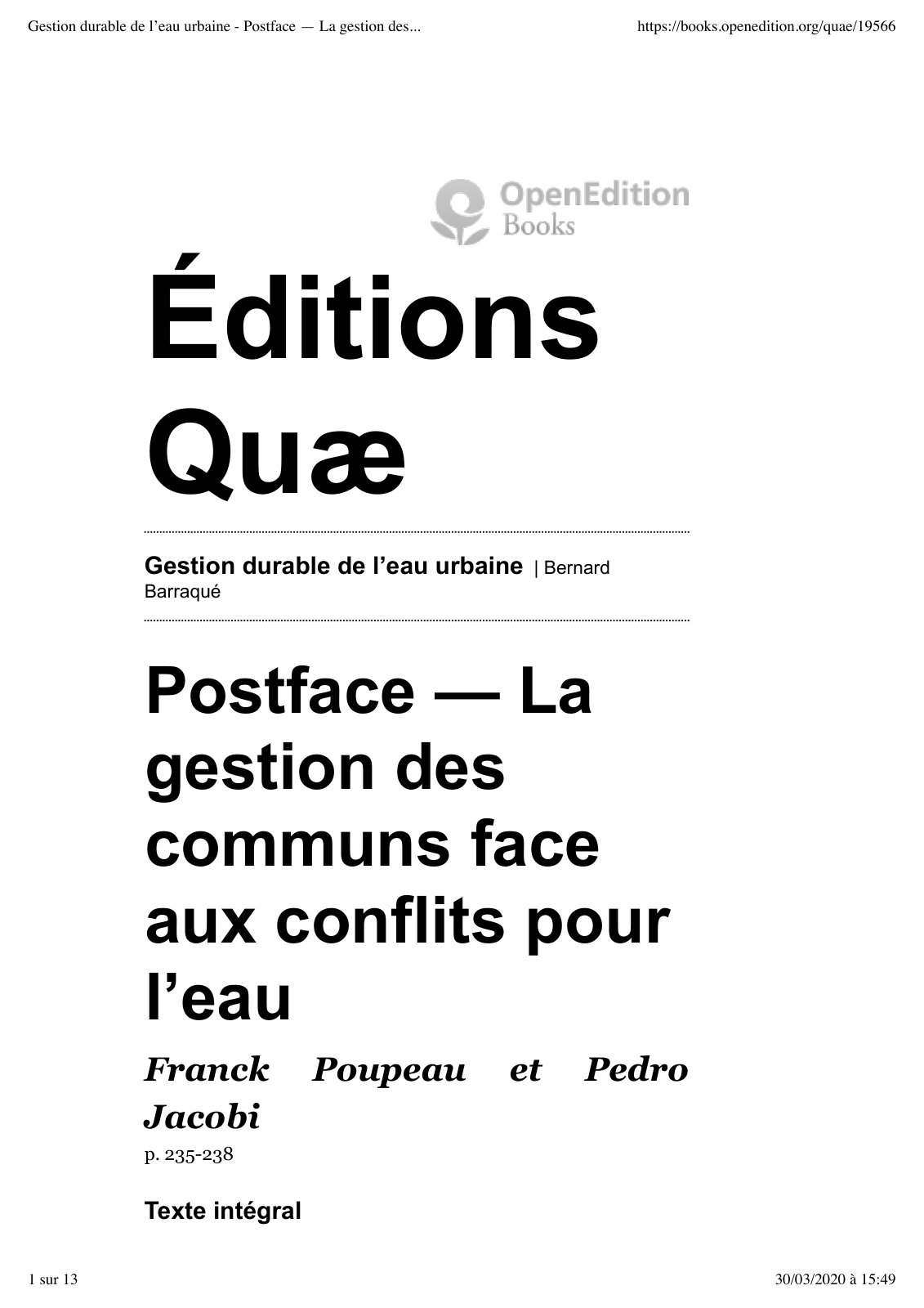 First page of Gestion durable de l’eau urbaine | Postface — La gestion des communs face aux conflits pour l’eau