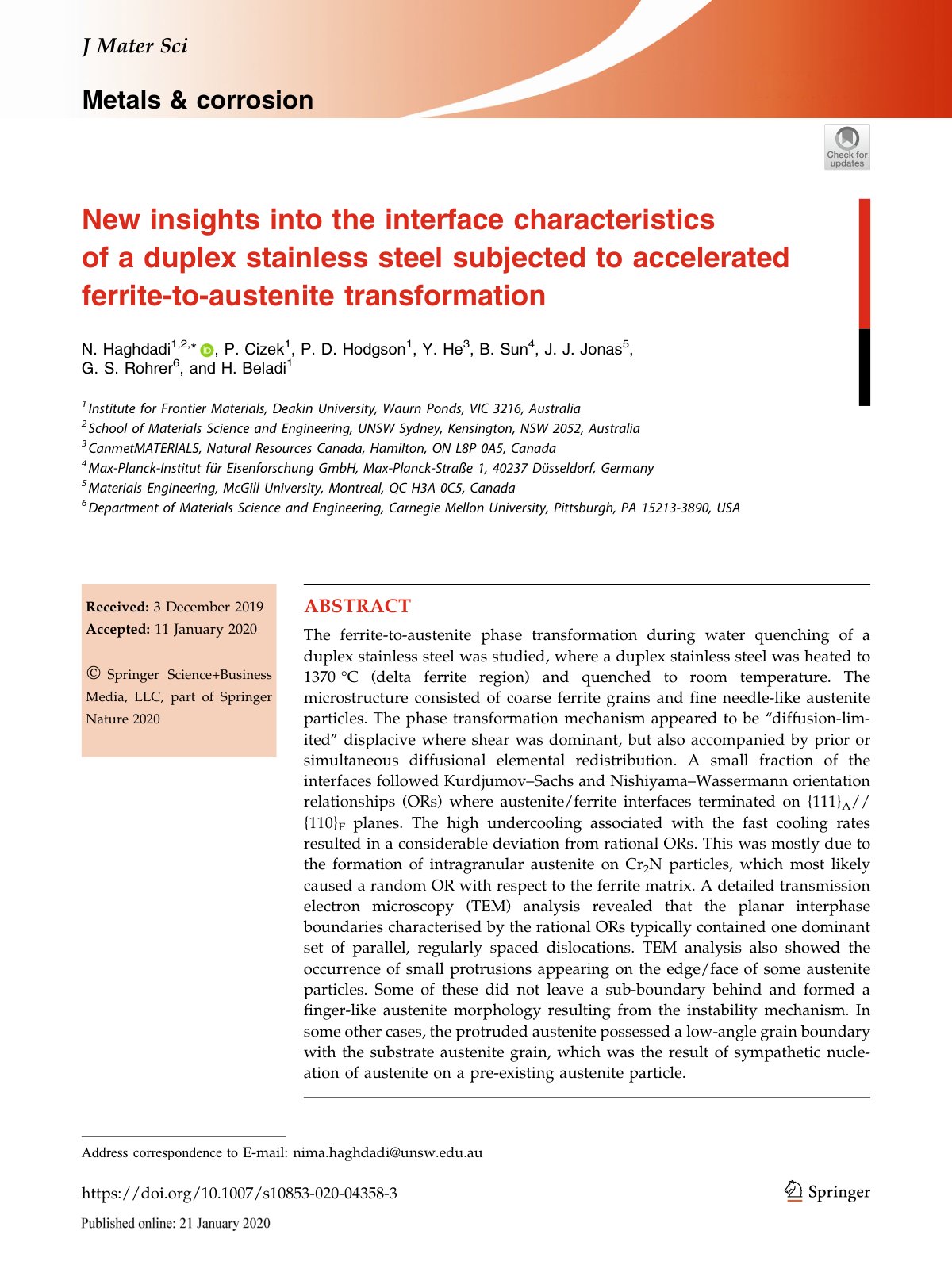 First page of New insights into the interface characteristics of a duplex stainless steel subjected to accelerated ferrite-to-austenite transformation