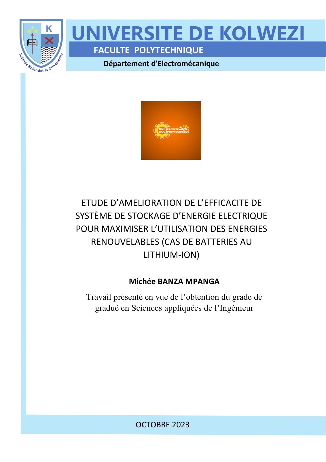 First page of ETUDE D’AMELIORATION DE L’EFFICACITE DE SYSTÈME DE STOCKAGE D’ENERGIE ELECTRIQUE POUR MAXIMISER L’UTILISATION DES ENERGIES RENOUVELABLES (CAS DE BATTERIES AU LITHIUM-ION)