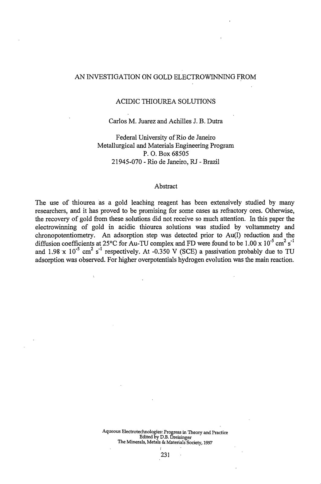 First page of AN INVESTIGATION ON GOLD ELECTROWINNING FROM ACIDIC THIOUREA SOLUTIONS