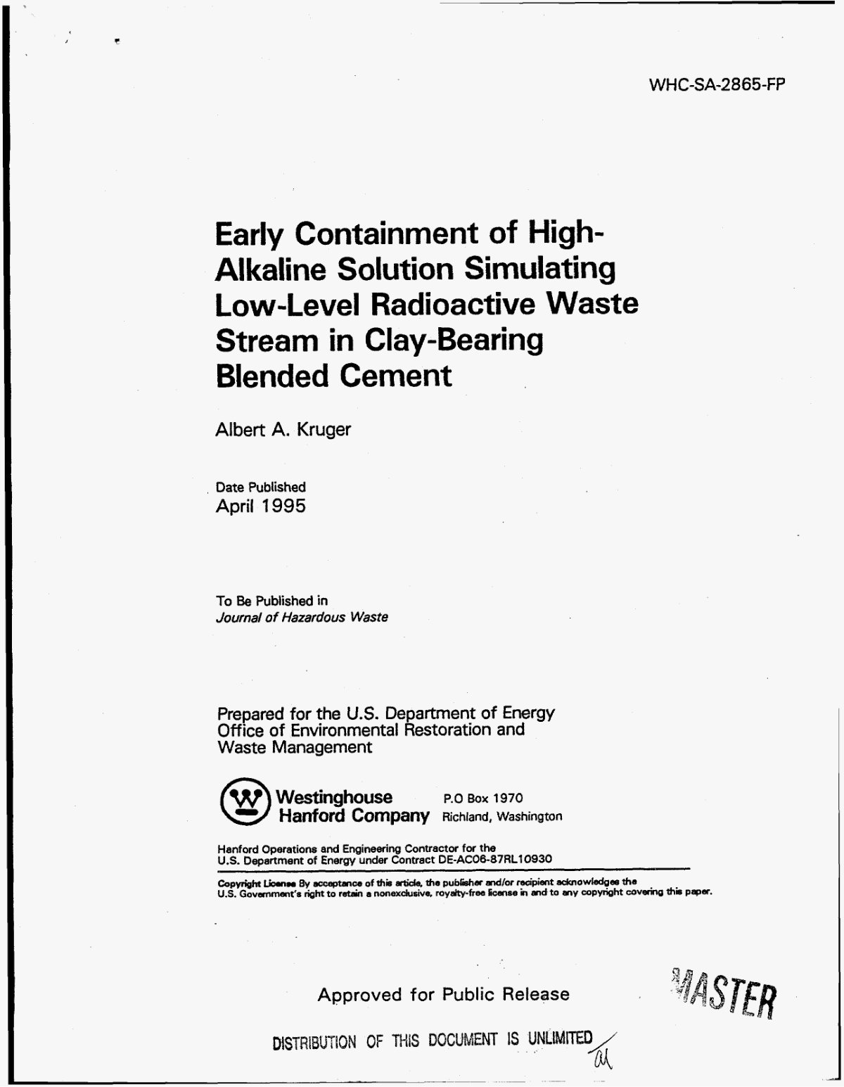 First page of Early Containment of High-Alkaline Solution Simulating Low-Level Radioactive Waste Stream in Clay-Bearing Blended Cement