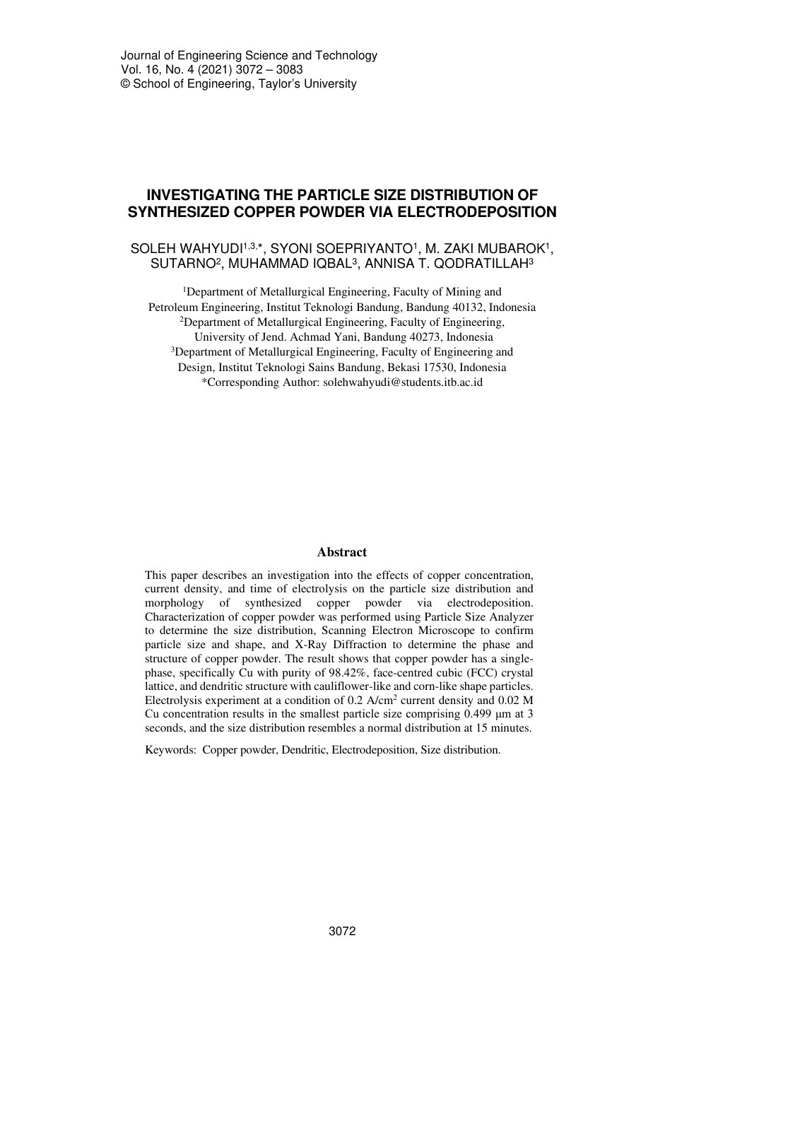 First page of Investigating The Particle Size Distribution Of Synthesized Copper Powder Via Electrodeposition