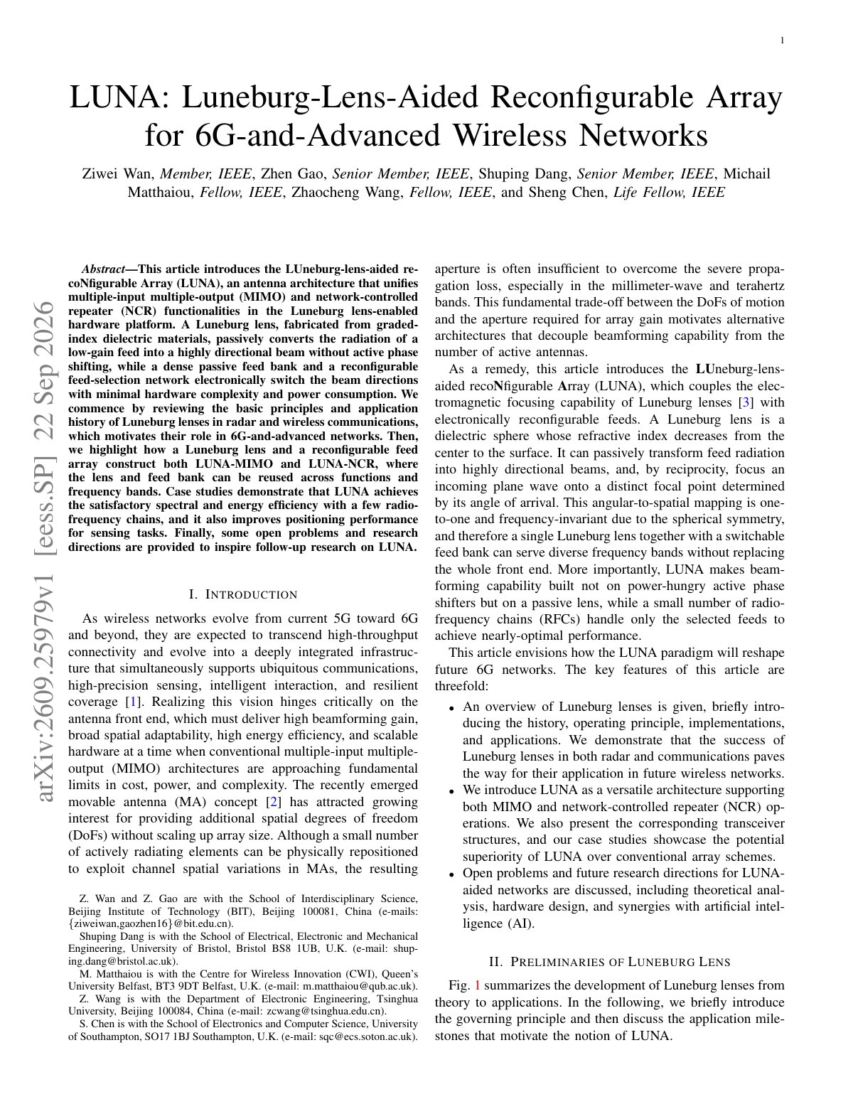 First page of LUNA: Luneburg-Lens-Aided Reconfigurable Array for 6G-and-Advanced Wireless Networks