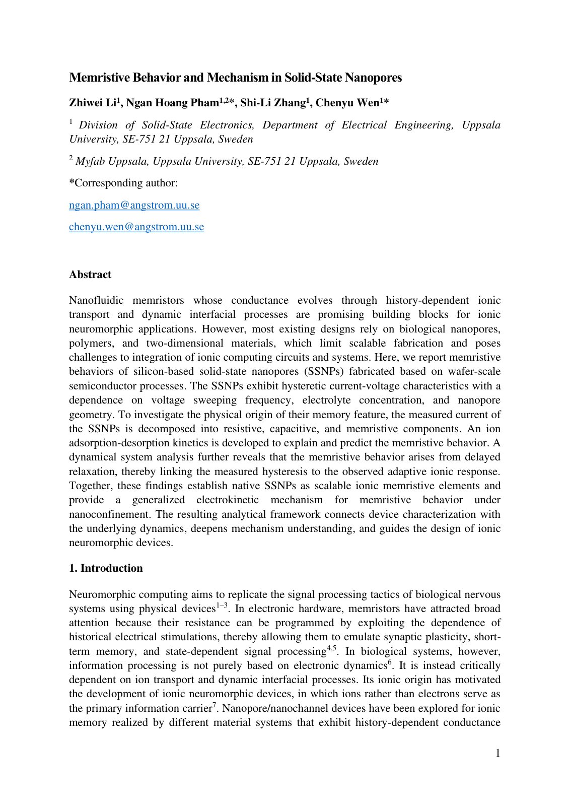 First page of 2026 Li Memristive Solid State Nanopores