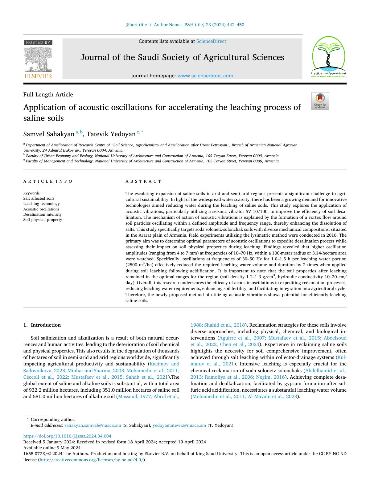First page of Application of acoustic oscillations for acce 2024 Journal of the Saudi Soci
