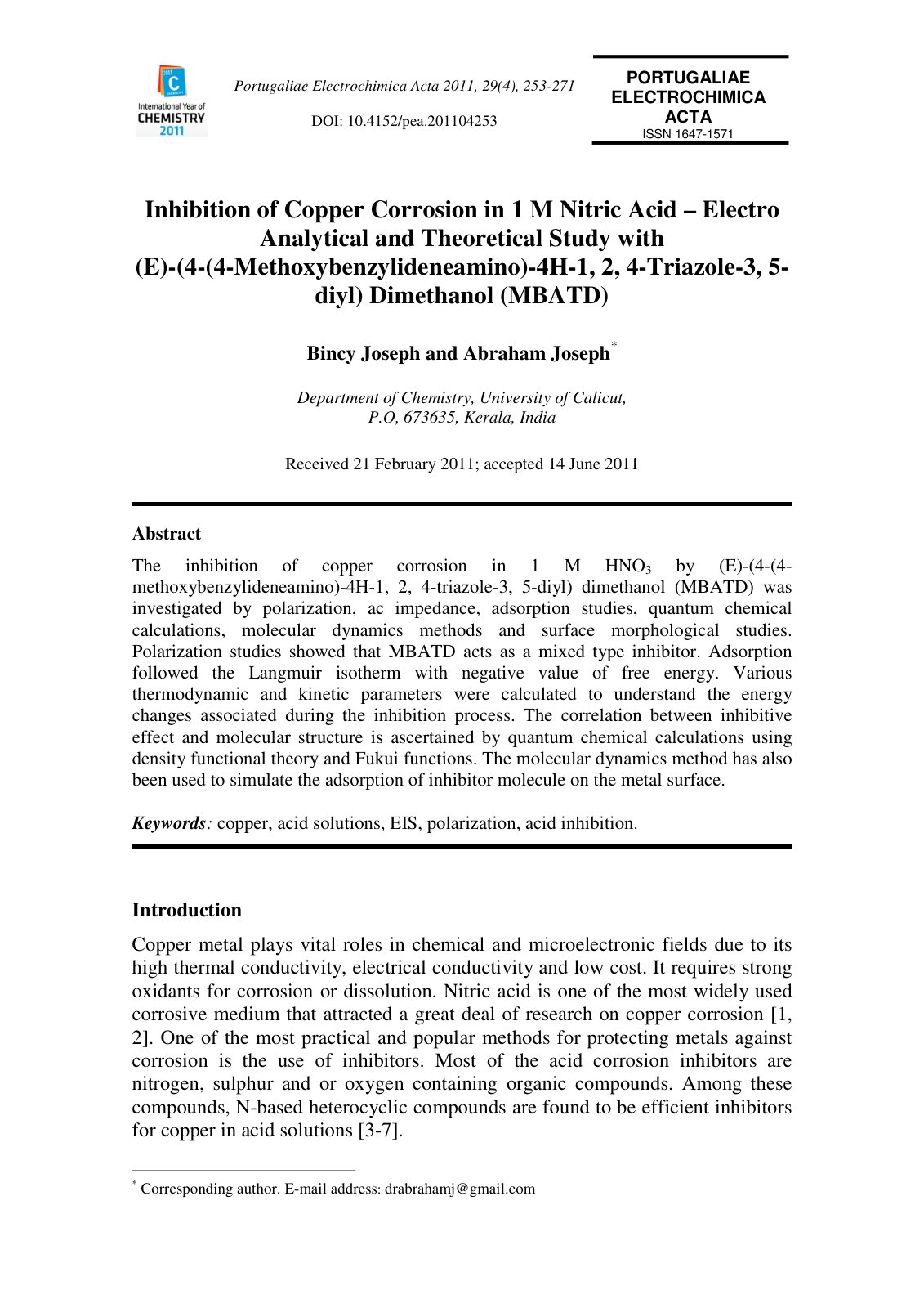 First page of PORTUGALIAE ELECTROCHIMICA ACTA Inhibiti