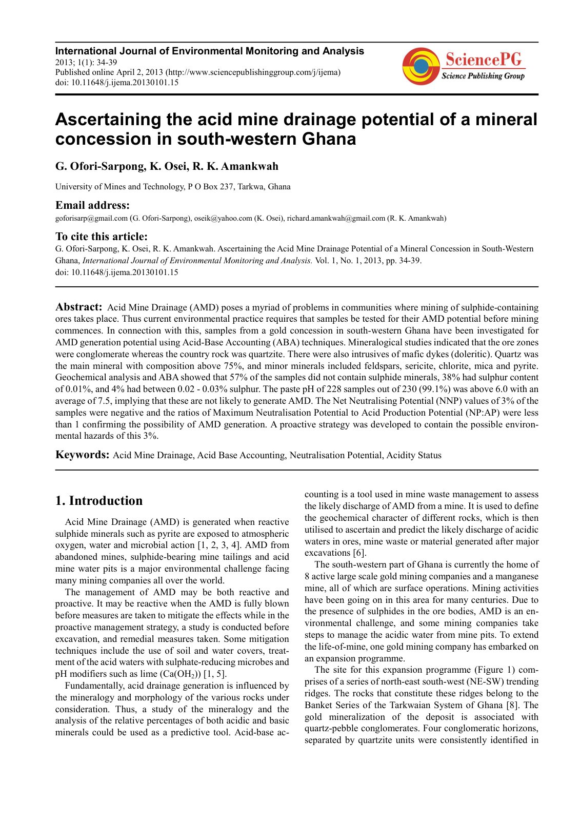 First page of Ascertaining the acid mine drainage potential of a mineral concession in south-western Ghana