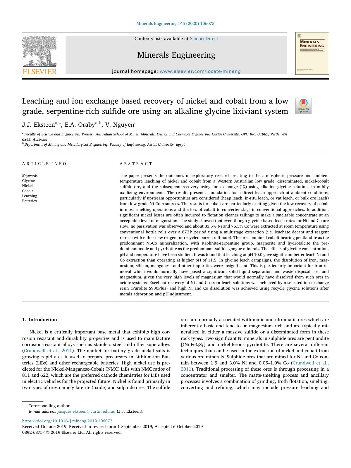 First page of Leaching and ion exchange based recovery of nickel and cobalt from a low grade, serpentine-rich sulfide ore using an alkaline glycine lixiviant system