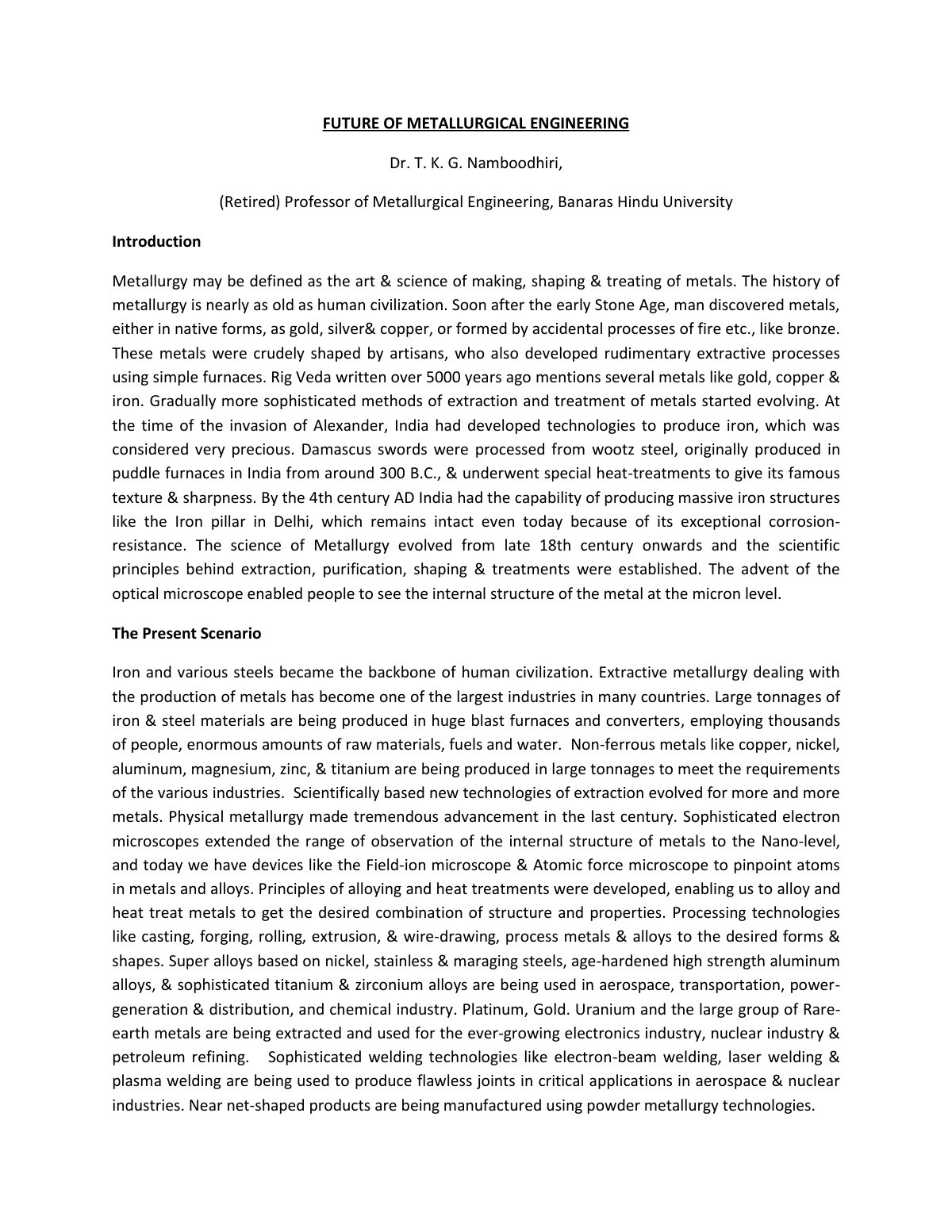 First page of FUTURE OF METALLURGICAL ENGINEERING