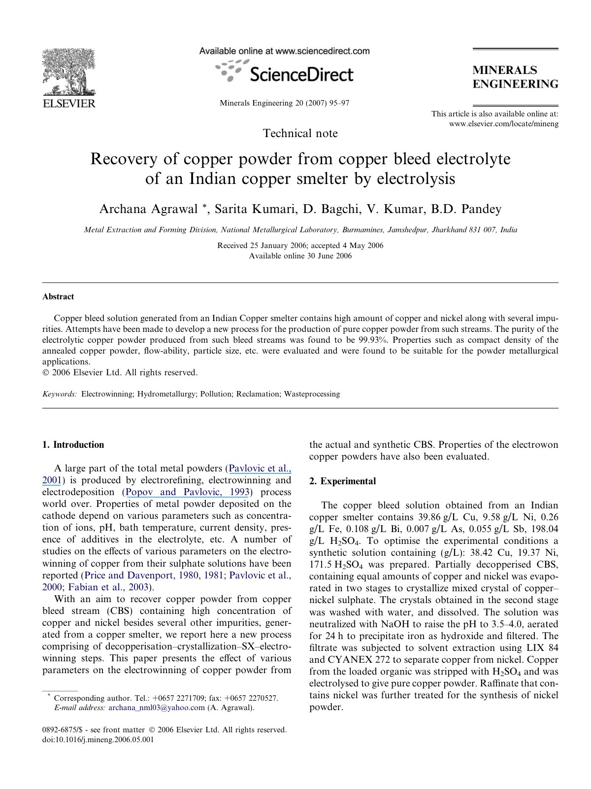 First page of Recovery of copper powder from copper bleed electrolyte of an Indian copper smelter by electrolysis