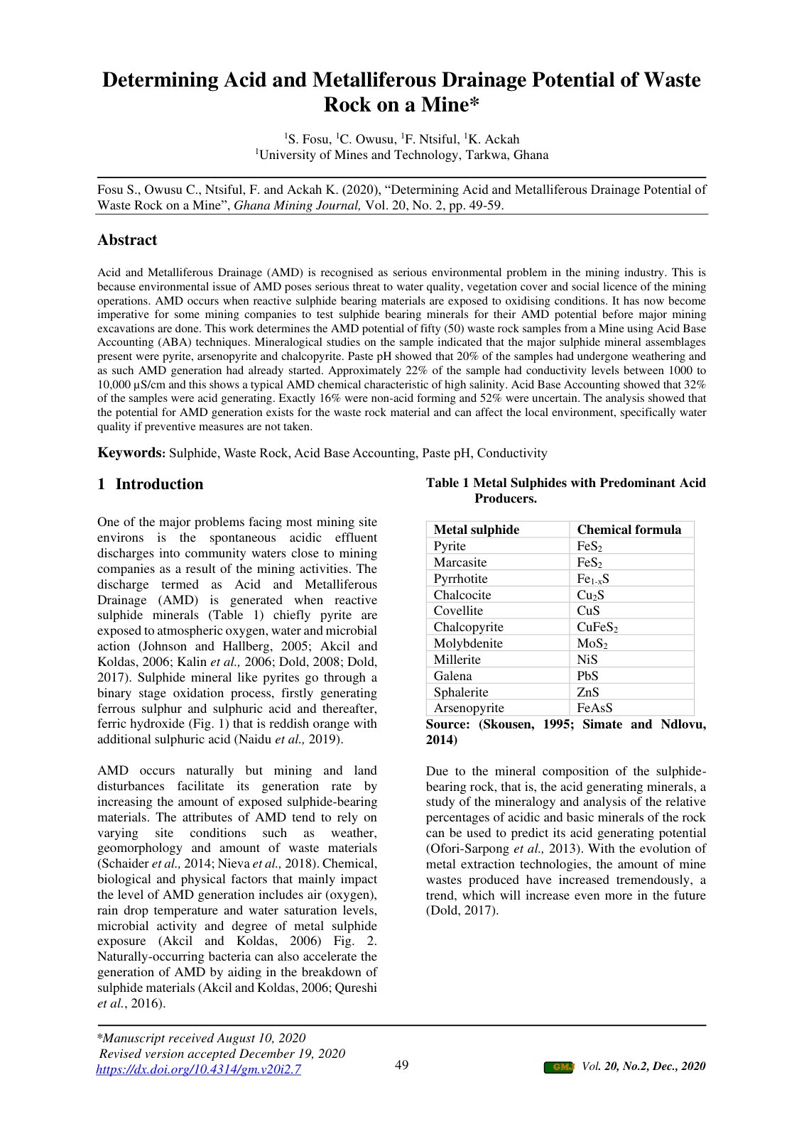 First page of Determining Acid and Metalliferous Drainage Potential of Waste Rock on a Mine