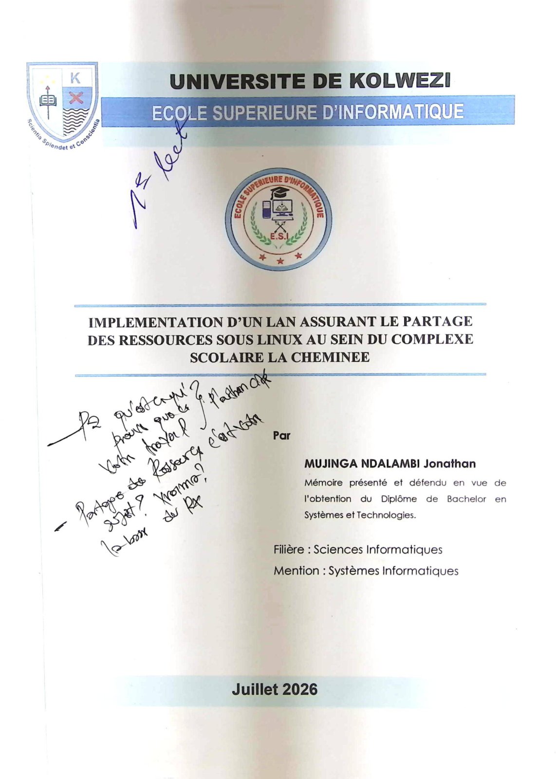 First page of IMPLEMENTATION D'UN LAN ASSURANT LE PARTAGE DES RESSOURCES SOUS LINUX AU SEIN DU COMPLEXE SCOLAIRE LA CHEMINEE