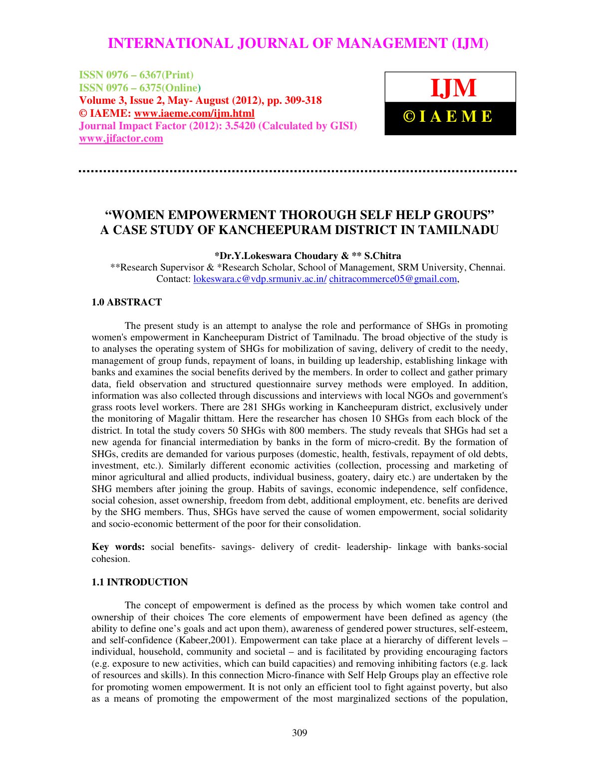 First page of WOMEN EMPOWERMENT THOROUGH SELF HELP GROUPS