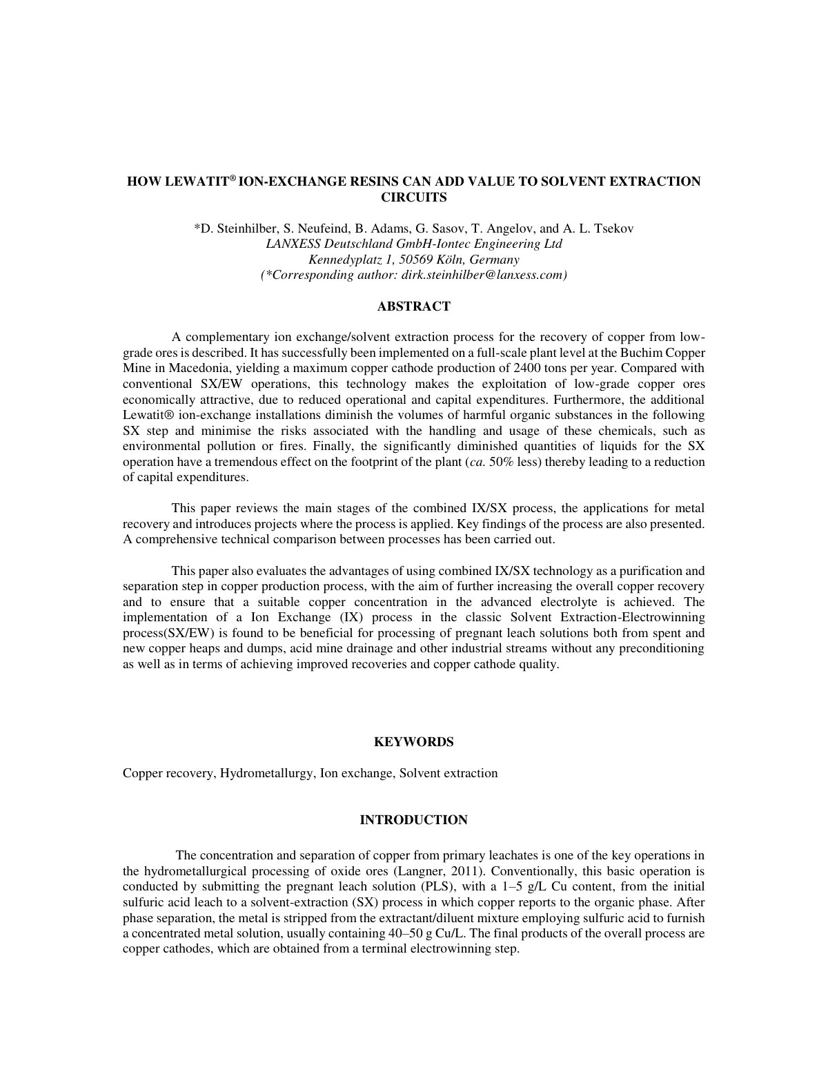 First page of HOW LEWATIT® ION-EXCHANGE RESINS CAN ADD VALUE TO SOLVENT EXTRACTION CIRCUITS