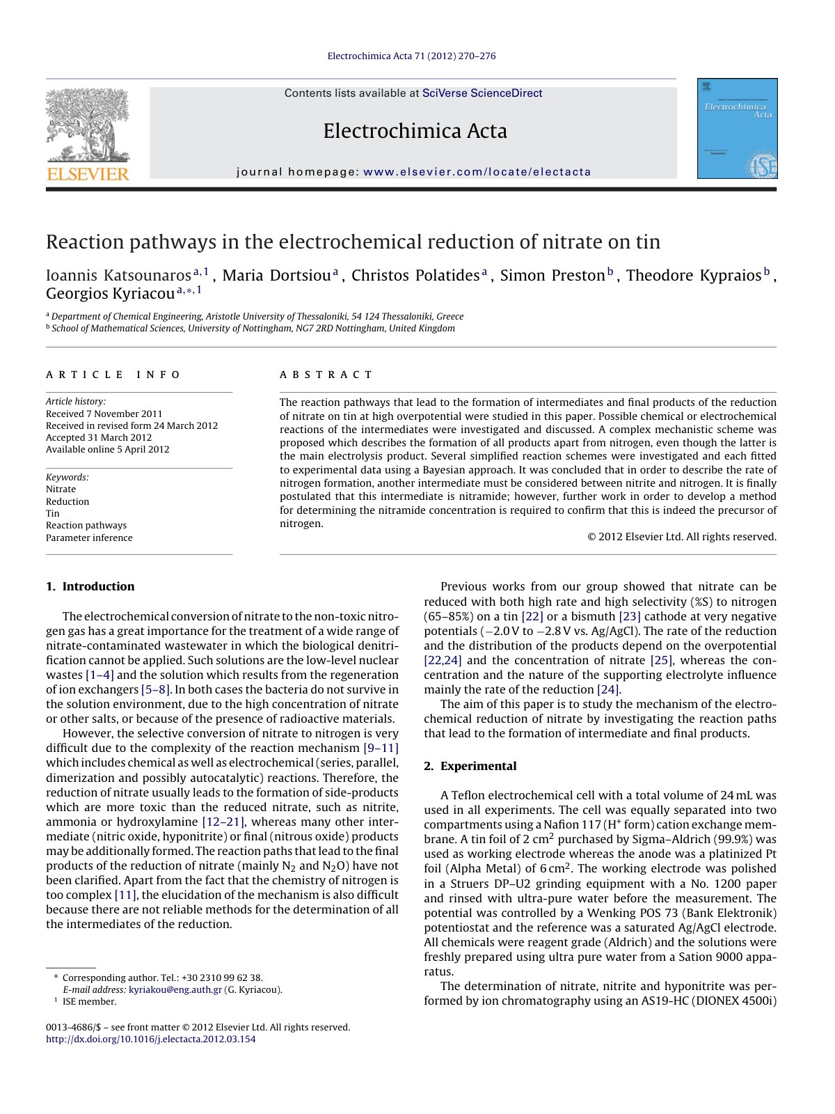 First page of Reaction pathways in the electrochemical reduction of nitrate on tin