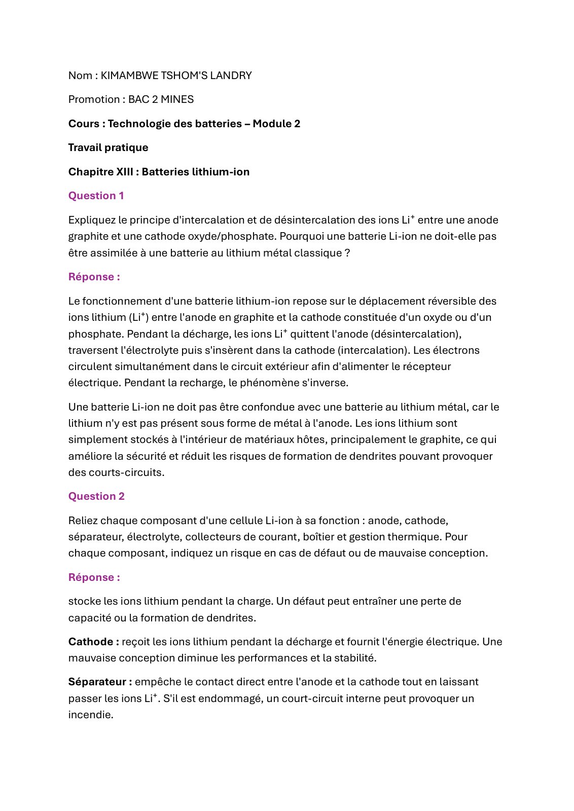 First page of TP de technologie des batteries KIMAMBWE TSHOM'S LANDRY