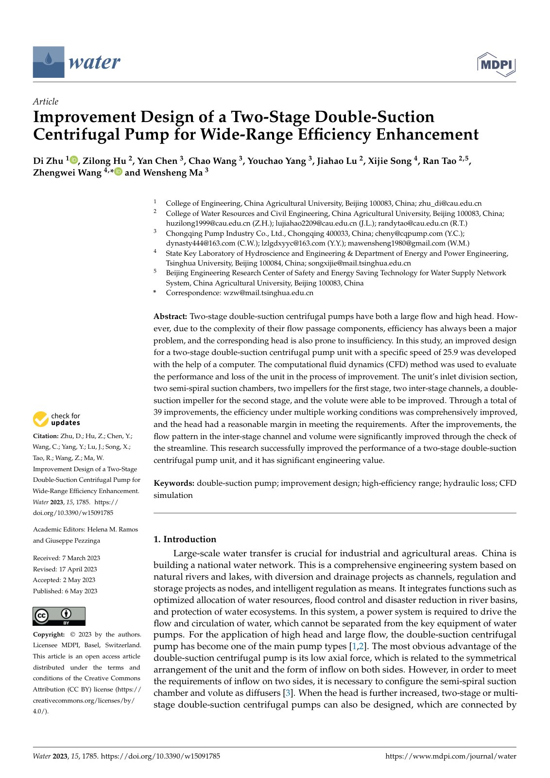 First page of Improvement Design of a Two-Stage Double-Suction Centrifugal Pump for Wide-Range Efficiency Enhancement