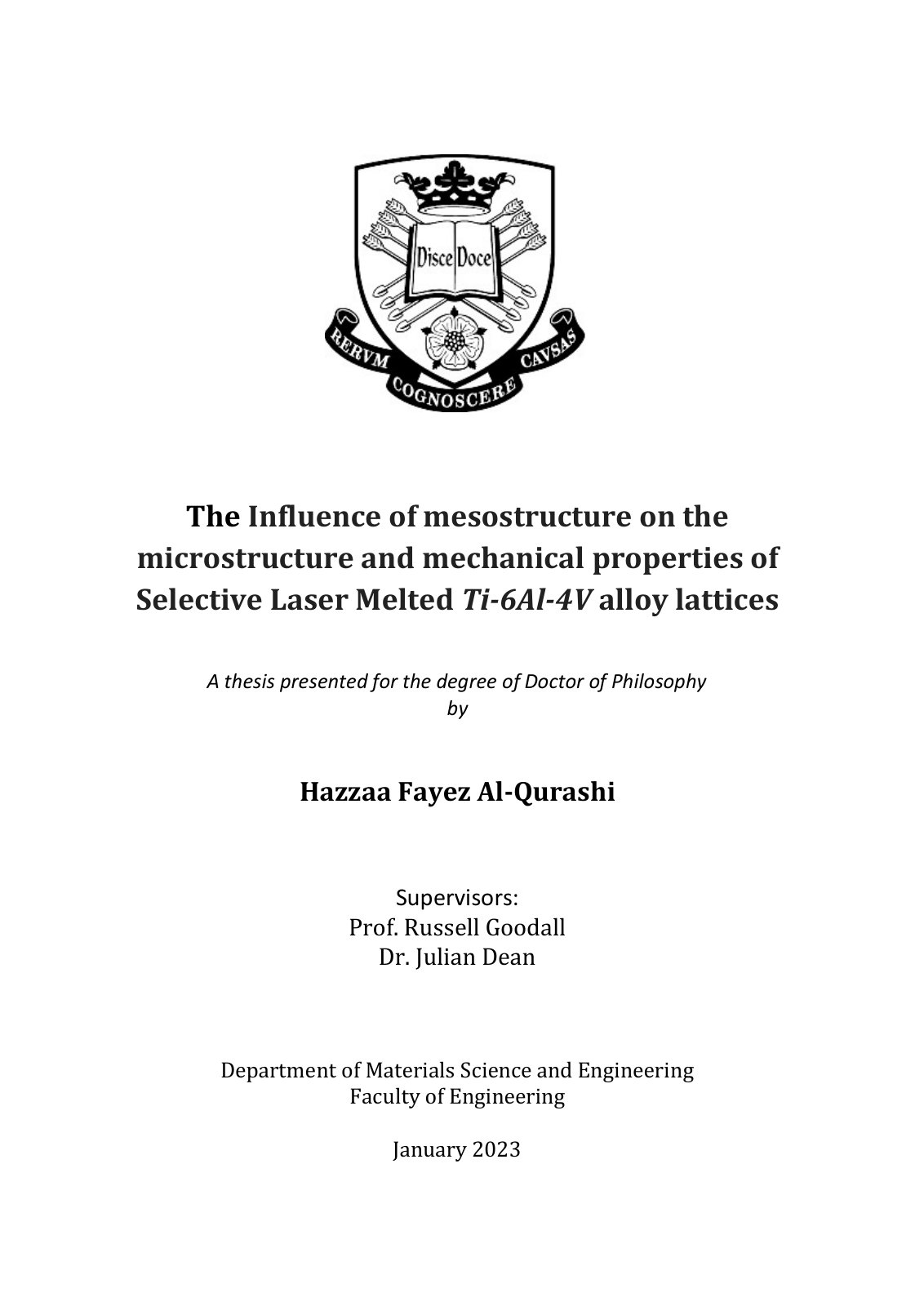 First page of The Influence of mesostructure on the microstructure and mechanical properties of Selective Laser Melted Ti-6Al-4V alloy lattices