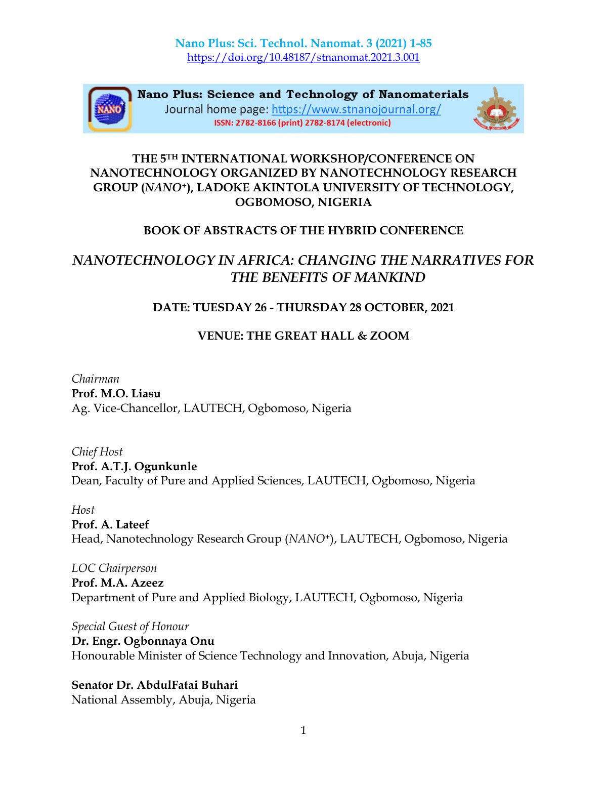 First page of Book of Abstracts of the Presentations a
