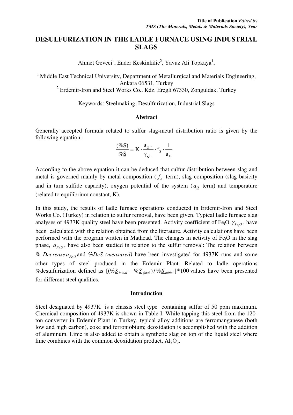 First page of Desulfurization in the Ladle Furnace Usi