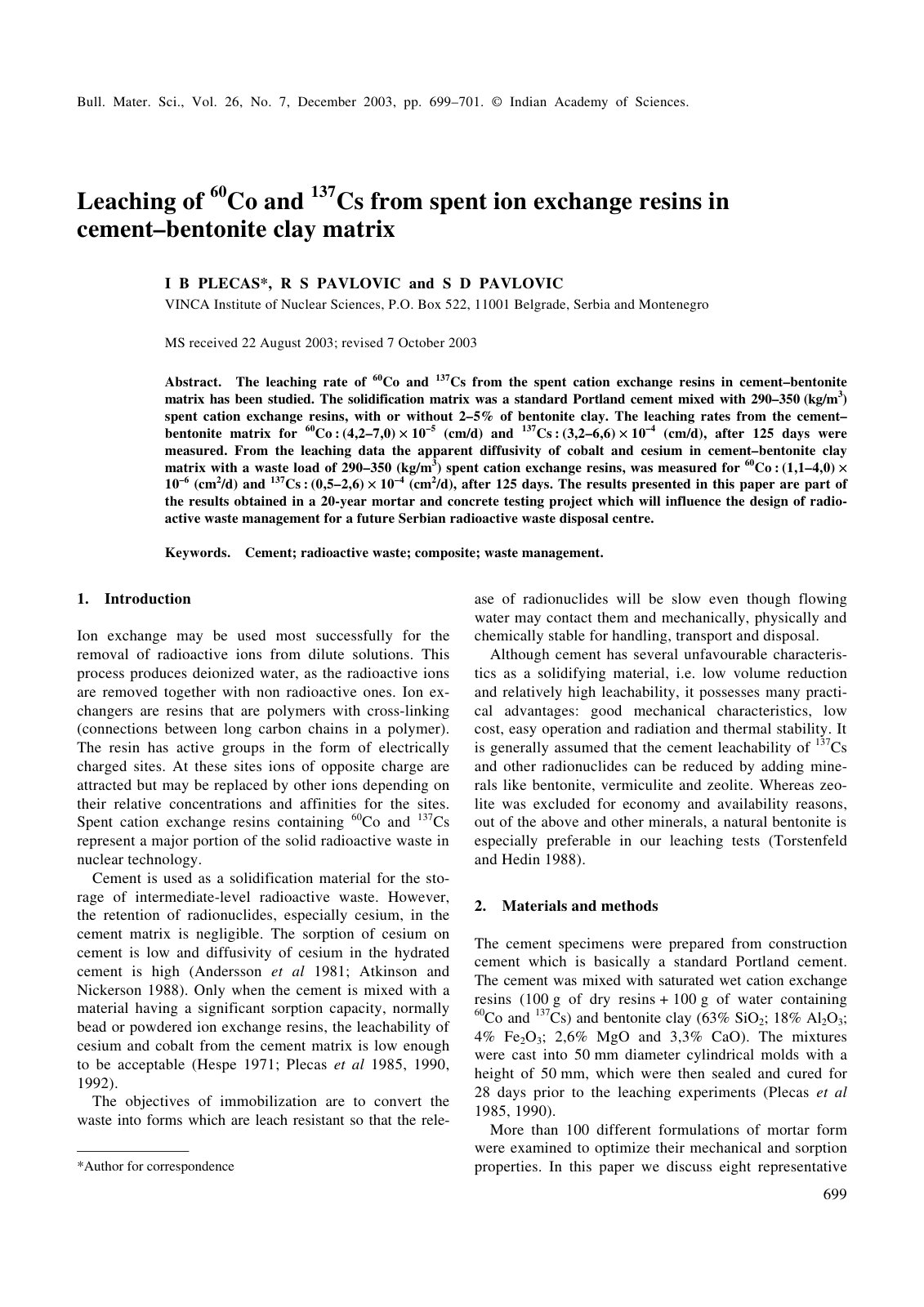 First page of Leaching of 60Co and 137Cs from spent ion exchange resins in cement–bentonite clay matrix
