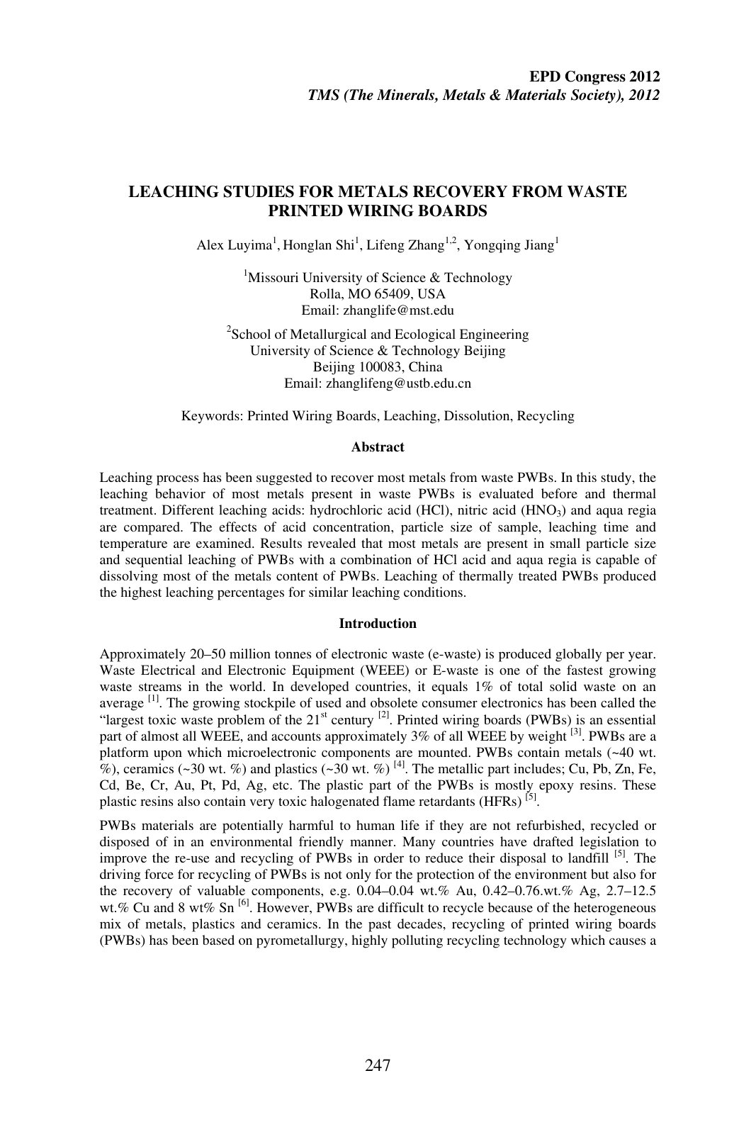 First page of LEACHING STUDIES FOR METALS RECOVERY FROM WASTE PRINTED WIRING BOARDS