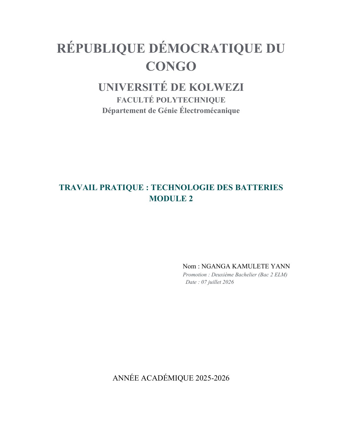 First page of TRAVAIL PRATIQUE : TECHNOLOGIE DES BATTERIES