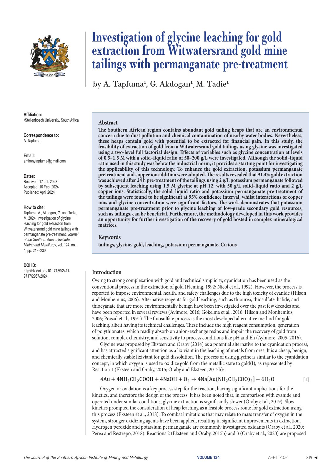 First page of Investigation of glycine leaching for gold extraction from Witwatersrand gold mine tailings with permanganate pre-treatment