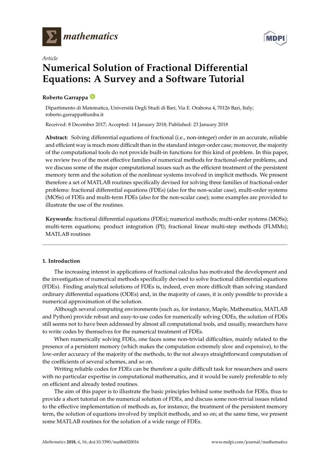 First page of Numerical Solution of Fractional Differential Equations: A Survey and a Software Tutorial
