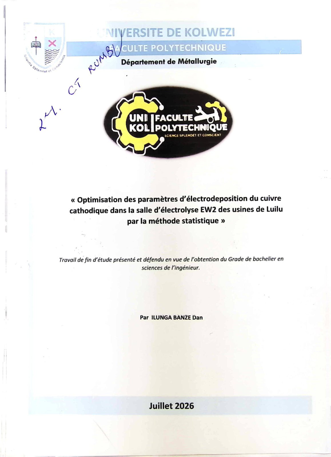First page of Optimisation des paramètres d' électrodéposition du cuivre cathodique dans la salle d'électrolyse EW2 des usines de Luilu par la méthode statistique