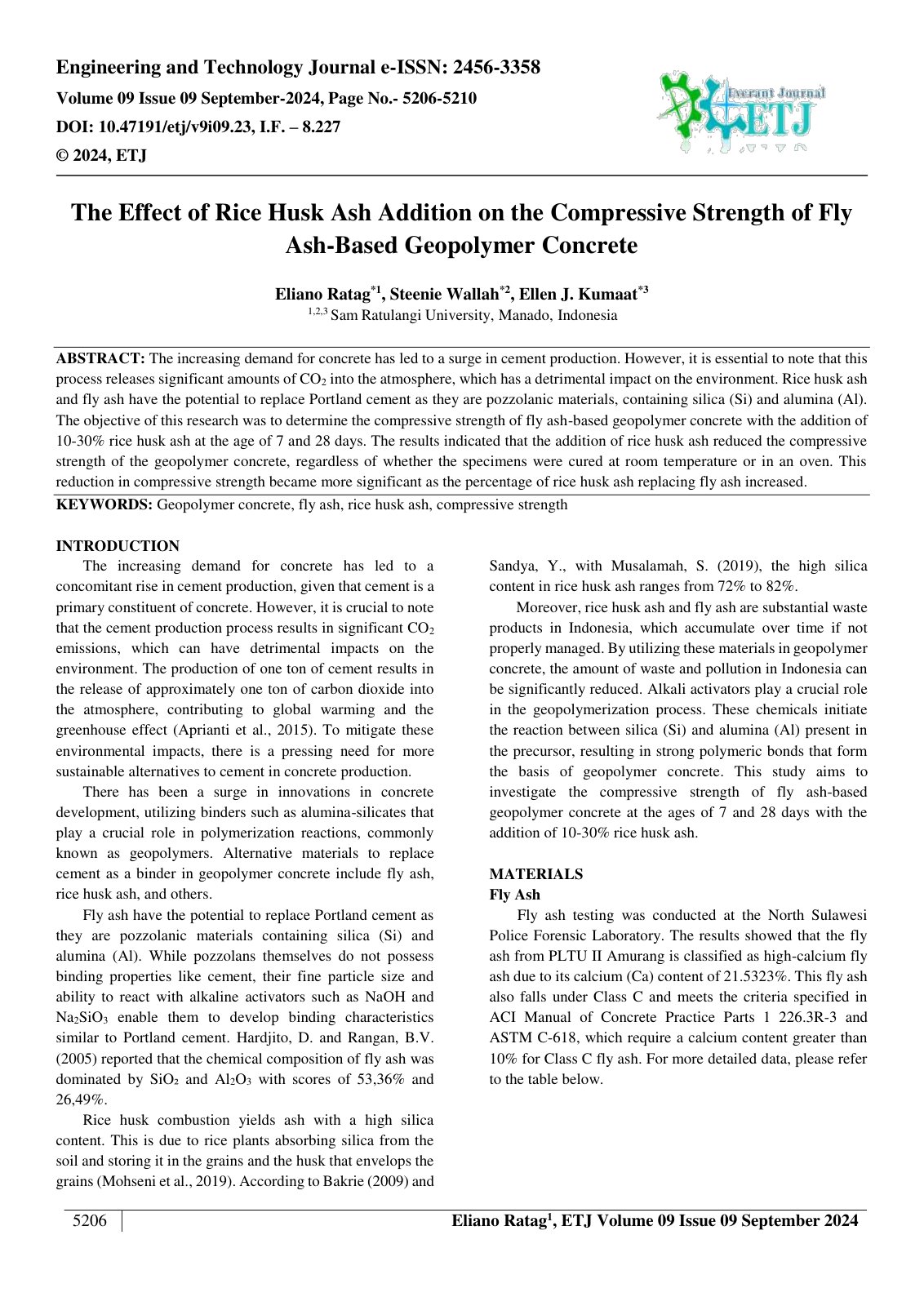 First page of The Effect of Rice Husk Ash Addition on the Compressive Strength of Fly 