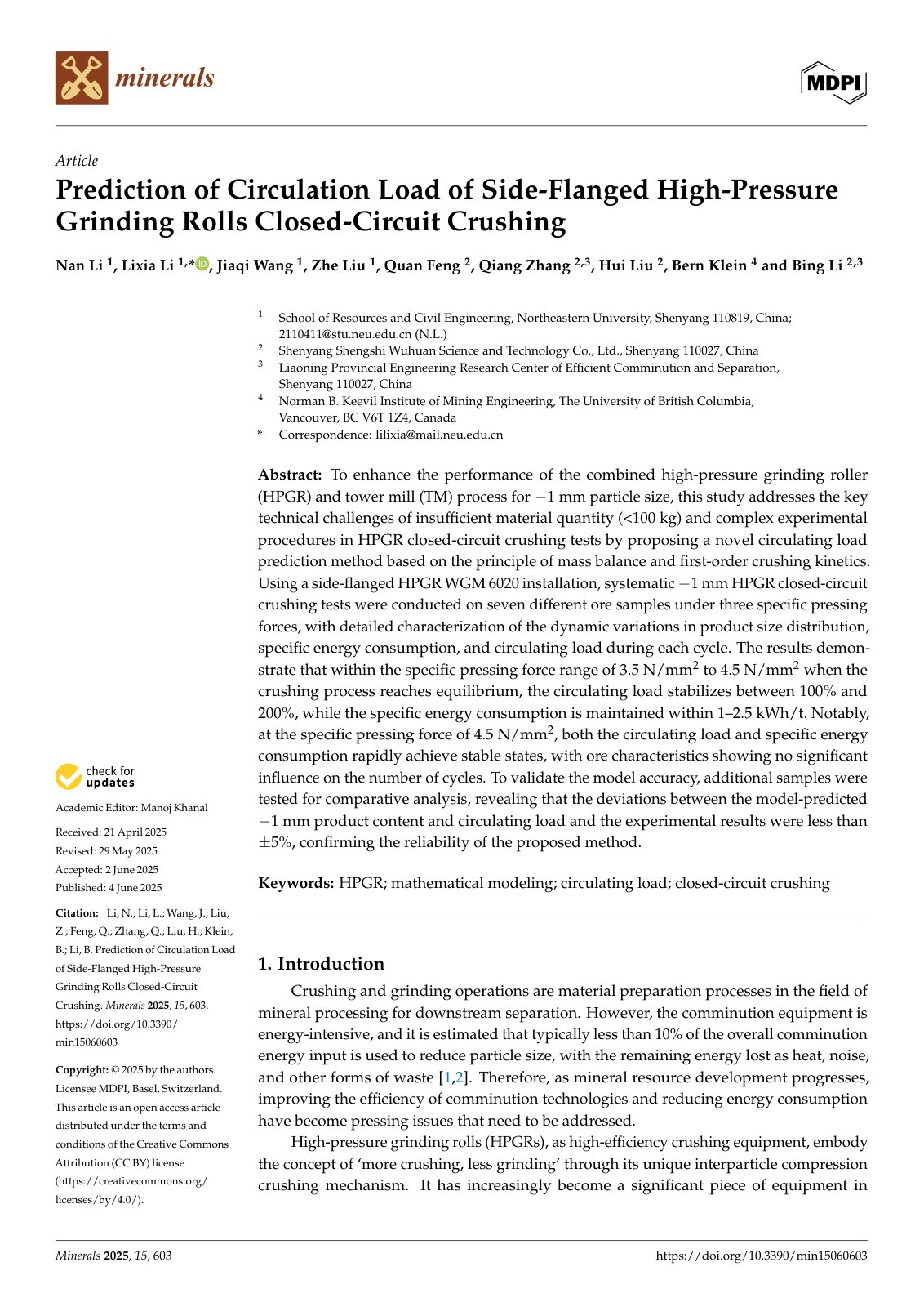 First page of Prediction of Circulation Load of Side-Flanged High-Pressure Grinding Rolls Closed-Circuit Crushing