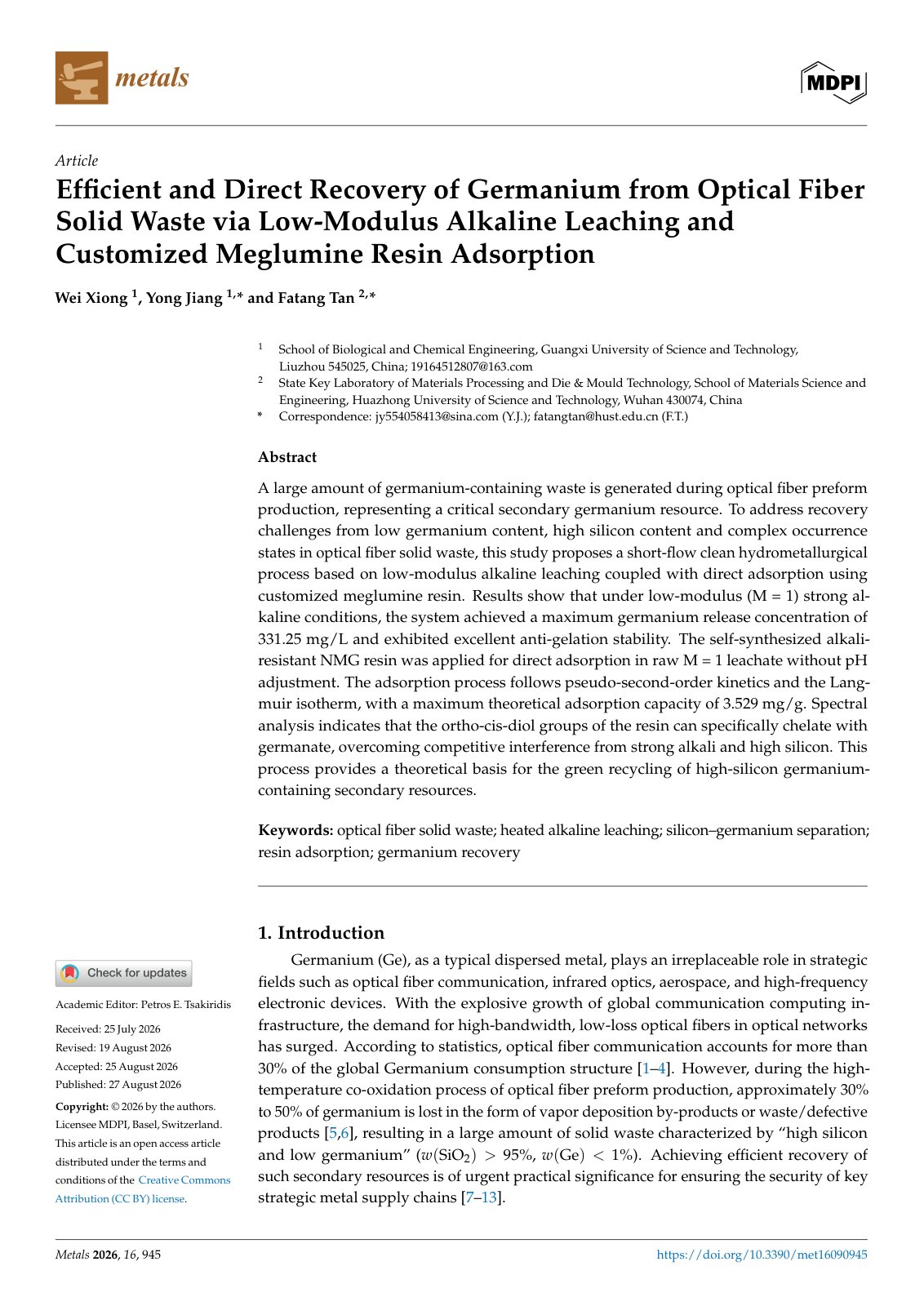 First page of 2026   Xiong   Alkaline leaching and germanium recovery from optical fiber waste
