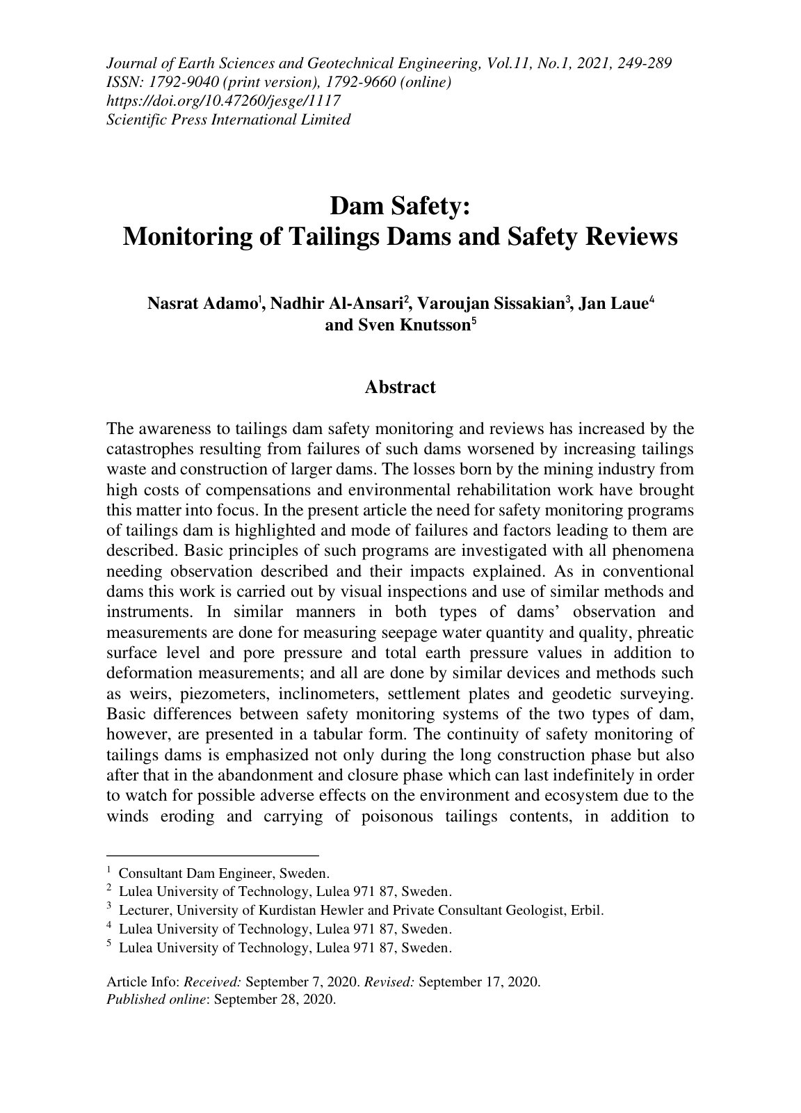 First page of Dam Safety Monitoring of Tailings Dams a