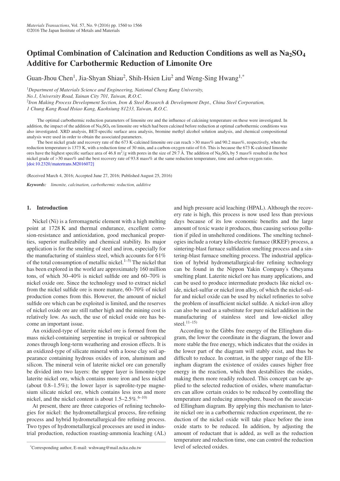 First page of Optimal Combination of Calcination and Reduction Conditions as well as Na2SO4 Additive for Carbothermic Reduction of Limonite Ore