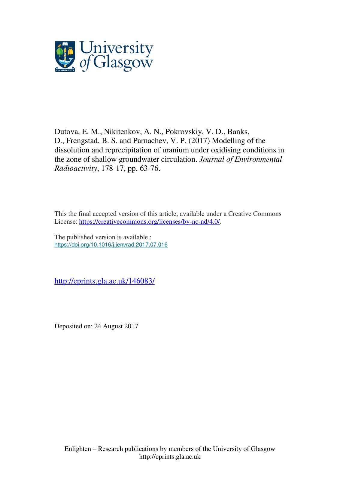 First page of Modelling of the dissolution and reprecipitation of uranium under oxidising conditions in the zone of shallow groundwater circulation