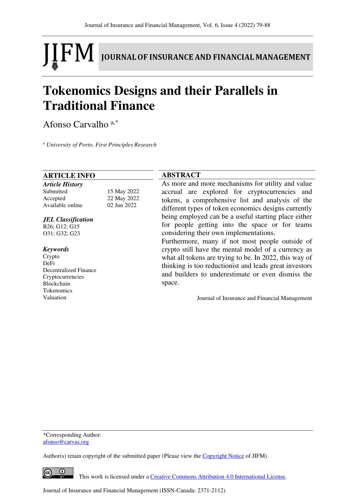 First page of Tokenomics Designs and their Parallels i