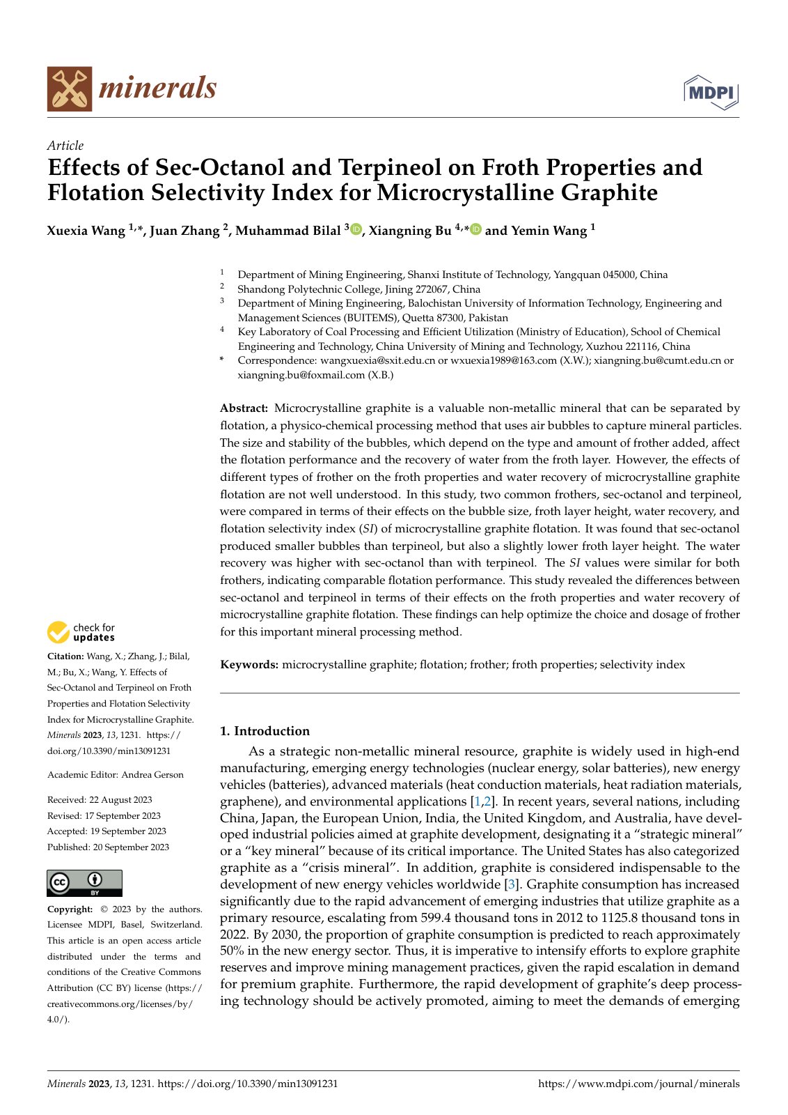 First page of Effects of Sec-Octanol and Terpineol on Froth Properties and Flotation Selectivity Index for Microcrystalline Graphite