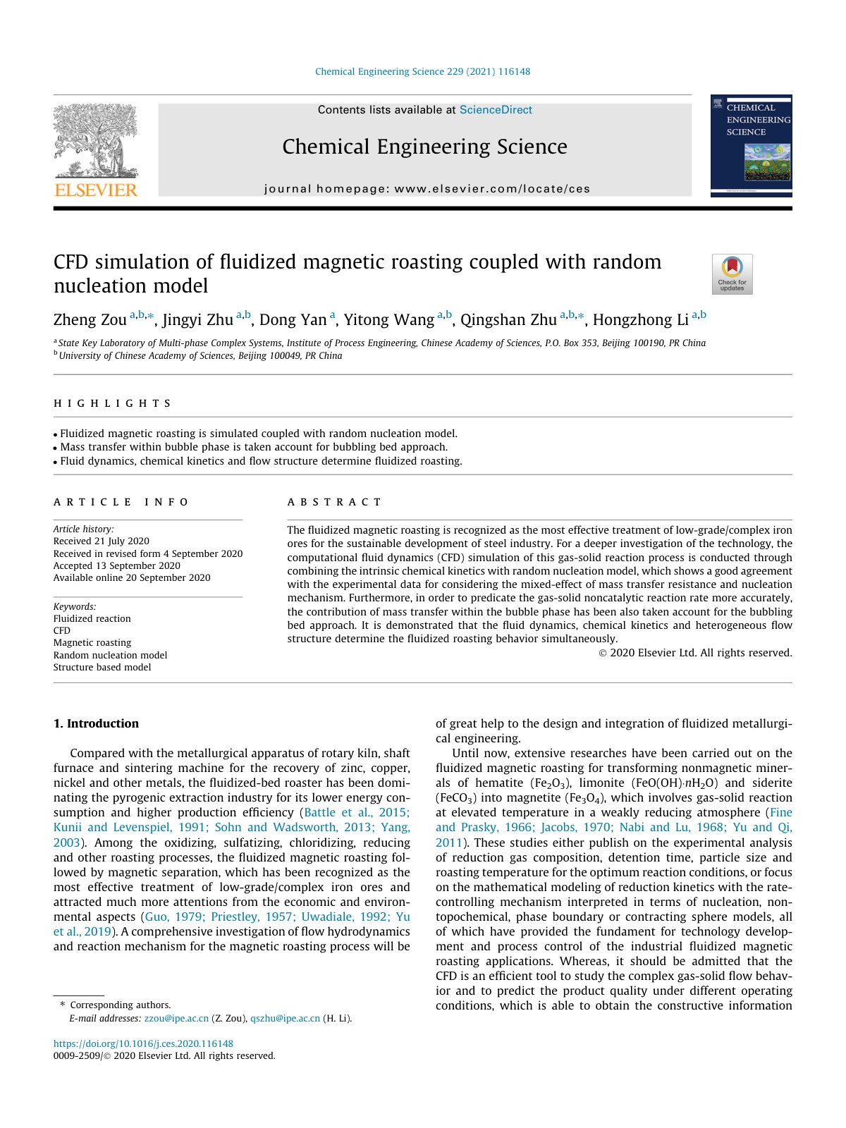First page of CFD simulation of ﬂuidized magnetic roasting coupled with random nucleation model