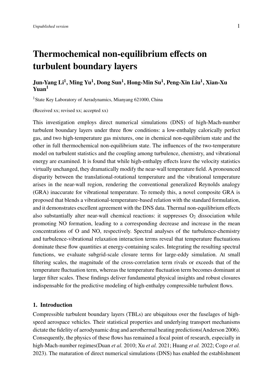 First page of Thermochemical non-equilibrium effects on turbulent boundary layers