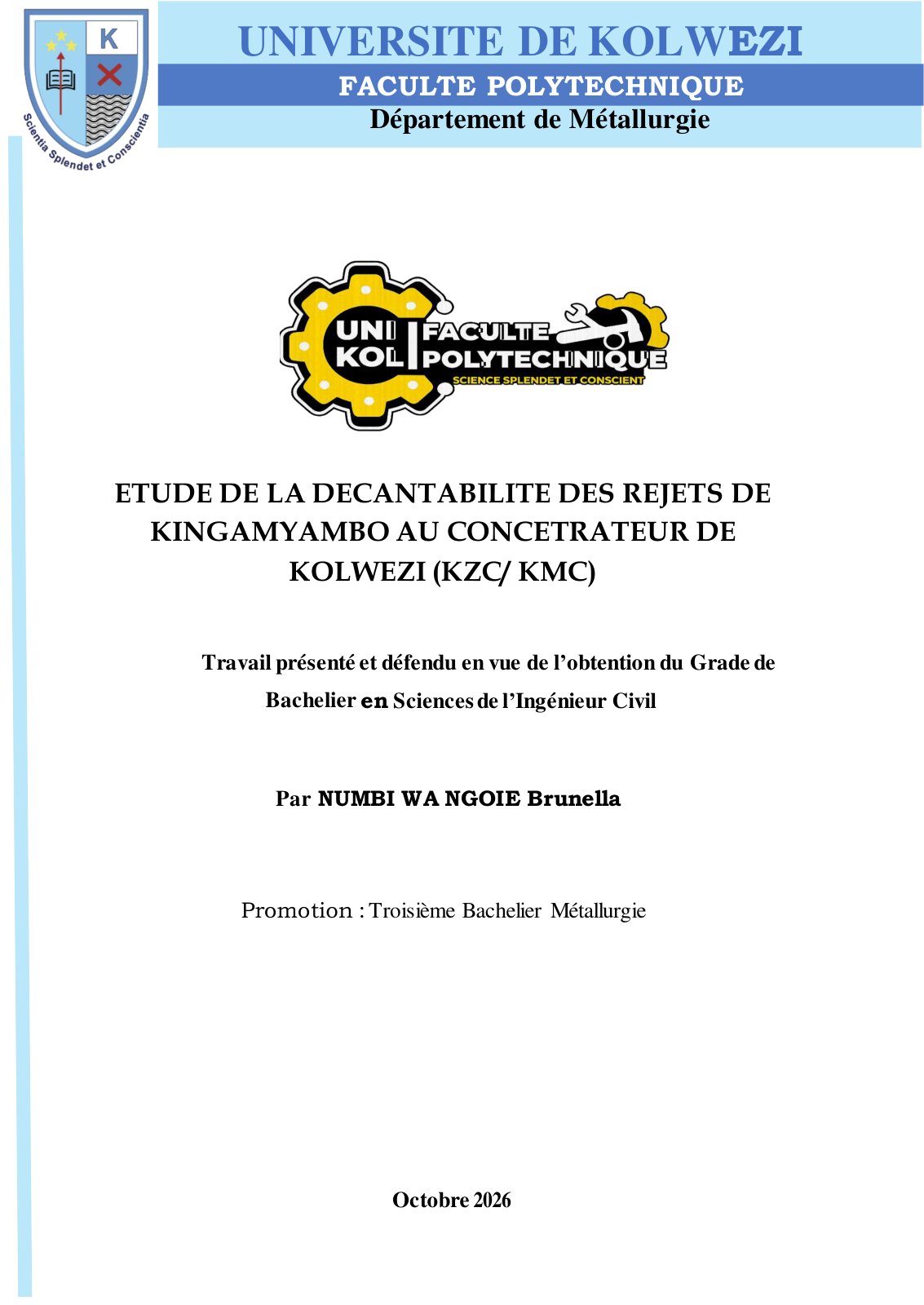 First page of TFC NUMBI WA NGOIE BRUNELLA BAC 3 MET