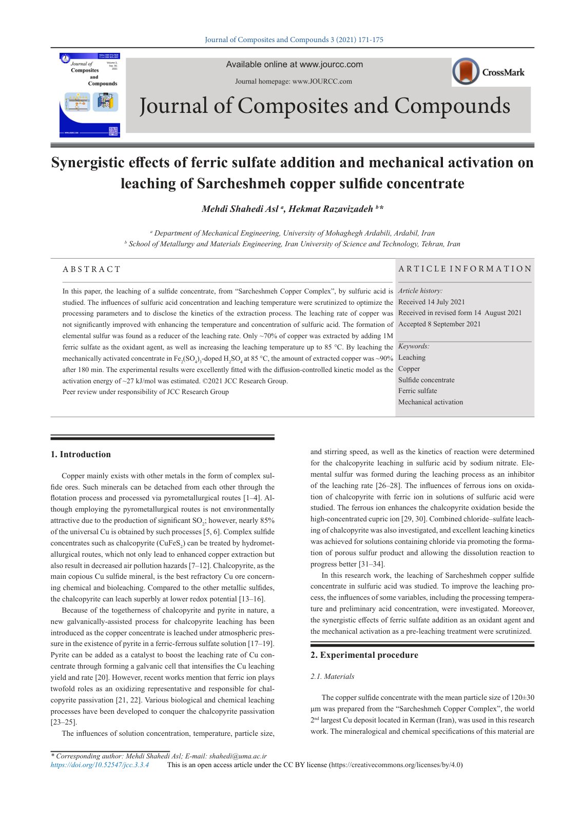 First page of Synergistic effects of ferric sulfate addition and mechanical activation on leaching of Sarcheshmeh copper sulfide concentrate