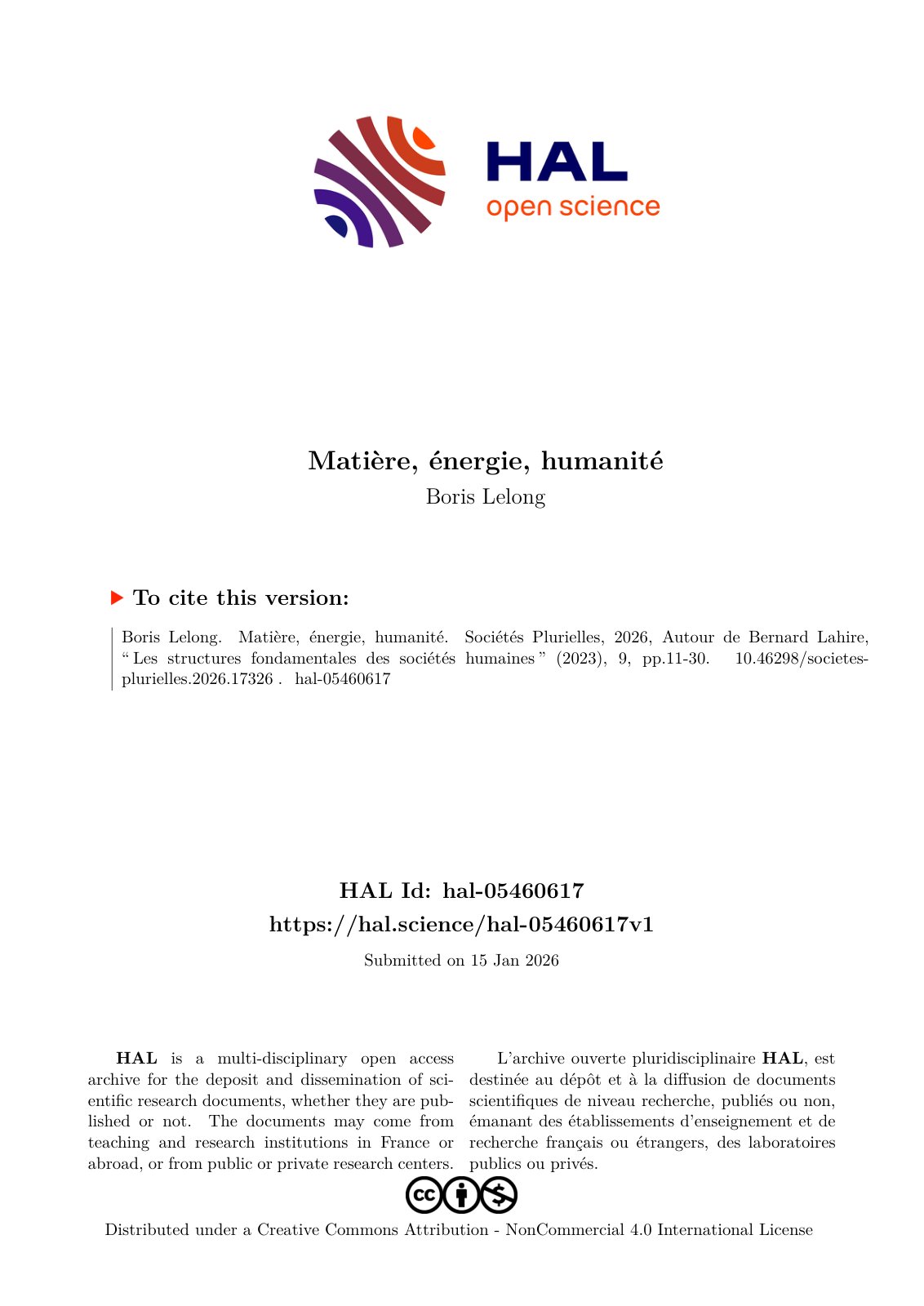 First page of Matiere energie humanite Lanthropologie contre l