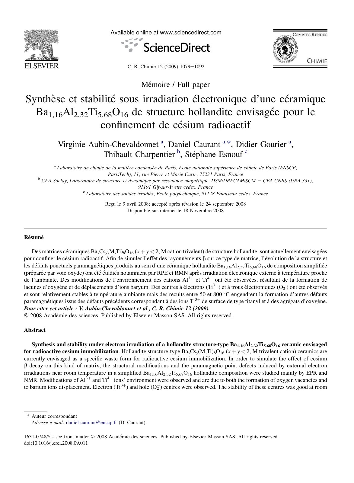 First page of Synthese et stabilite sous irradiation e