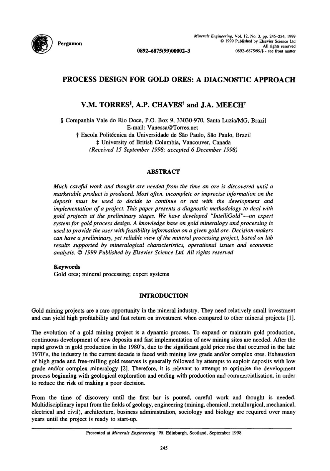 First page of Process design for gold ores A diagnosti