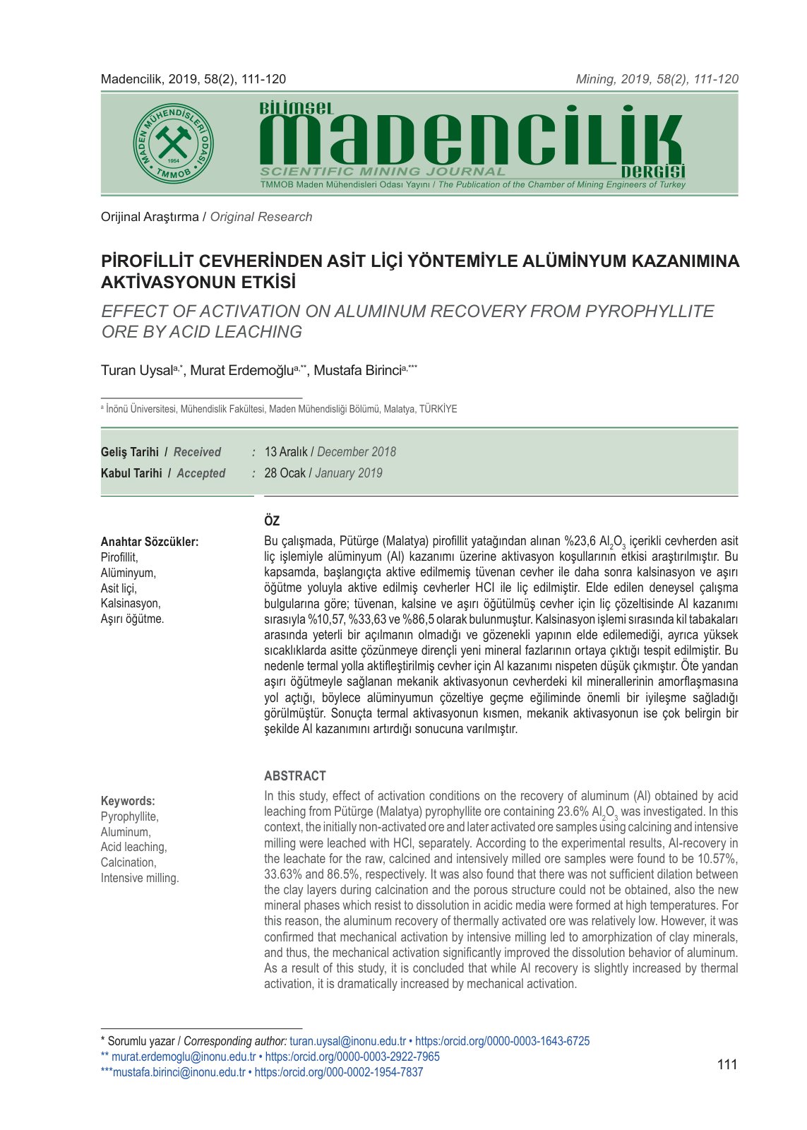 First page of Asit Liç Yöntemi ile Pirofillit Cevherinden Alümina Üretiminde Aktifleştirme Koşullarının Araştırılması