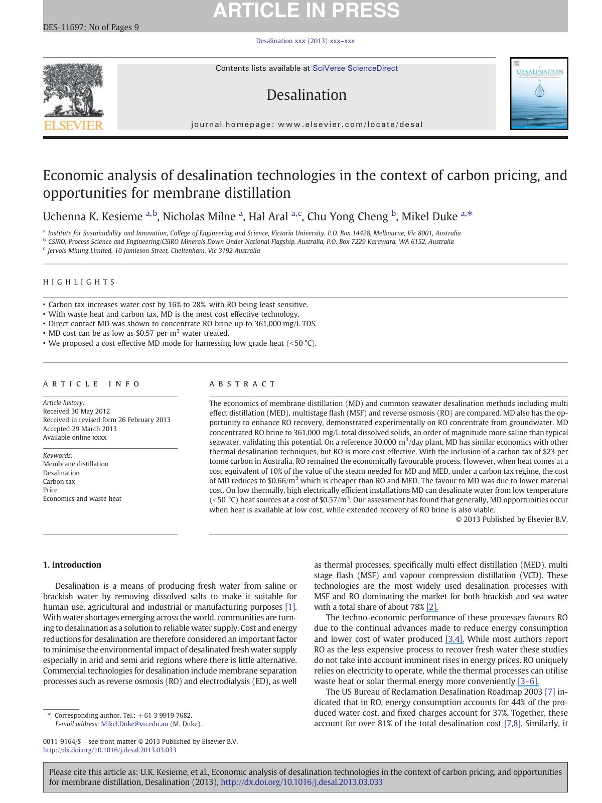 First page of Economic analysis of desalination techno