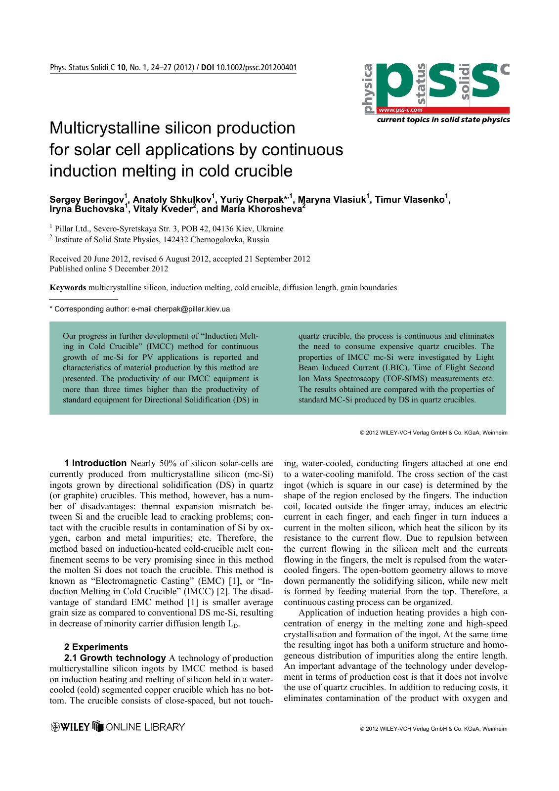 First page of Multicrystalline silicon production for