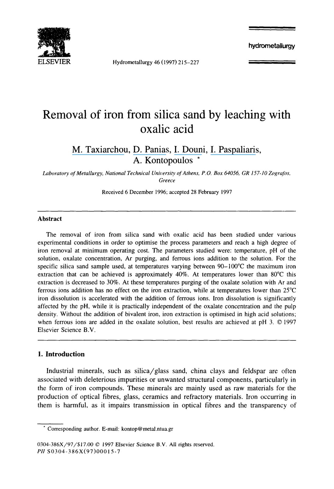 First page of Removal of iron from silica sand by leac